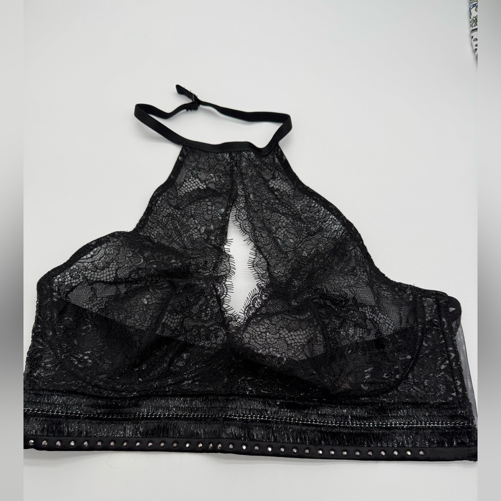 Victoria's Secret Sexy Black Floral Silver Lace Halter Bralette NWT Sz XL
